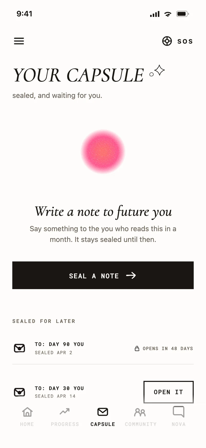 Capsule screen where you write a note to future you