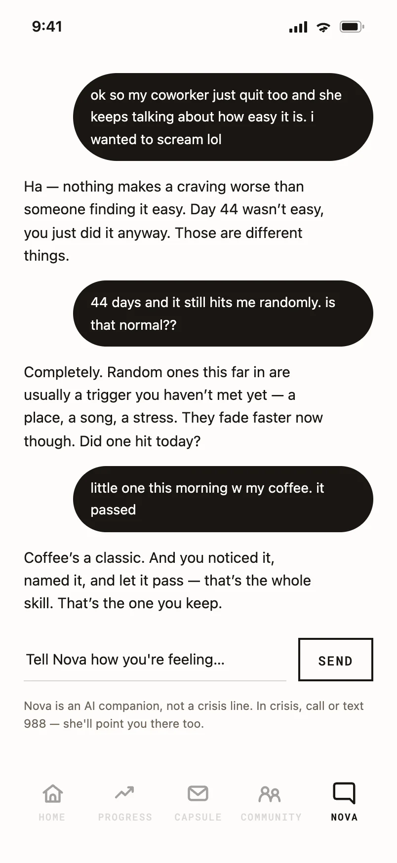 Nova chat, a day-44 conversation about a random craving