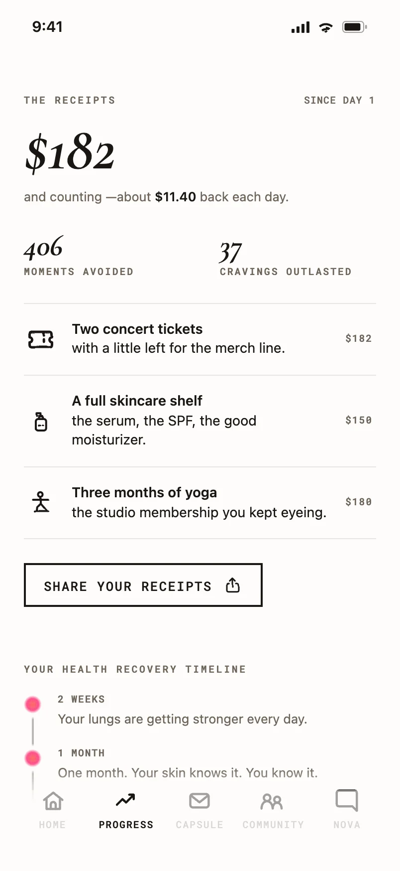 Progress screen showing money saved, puffs skipped and streak stats